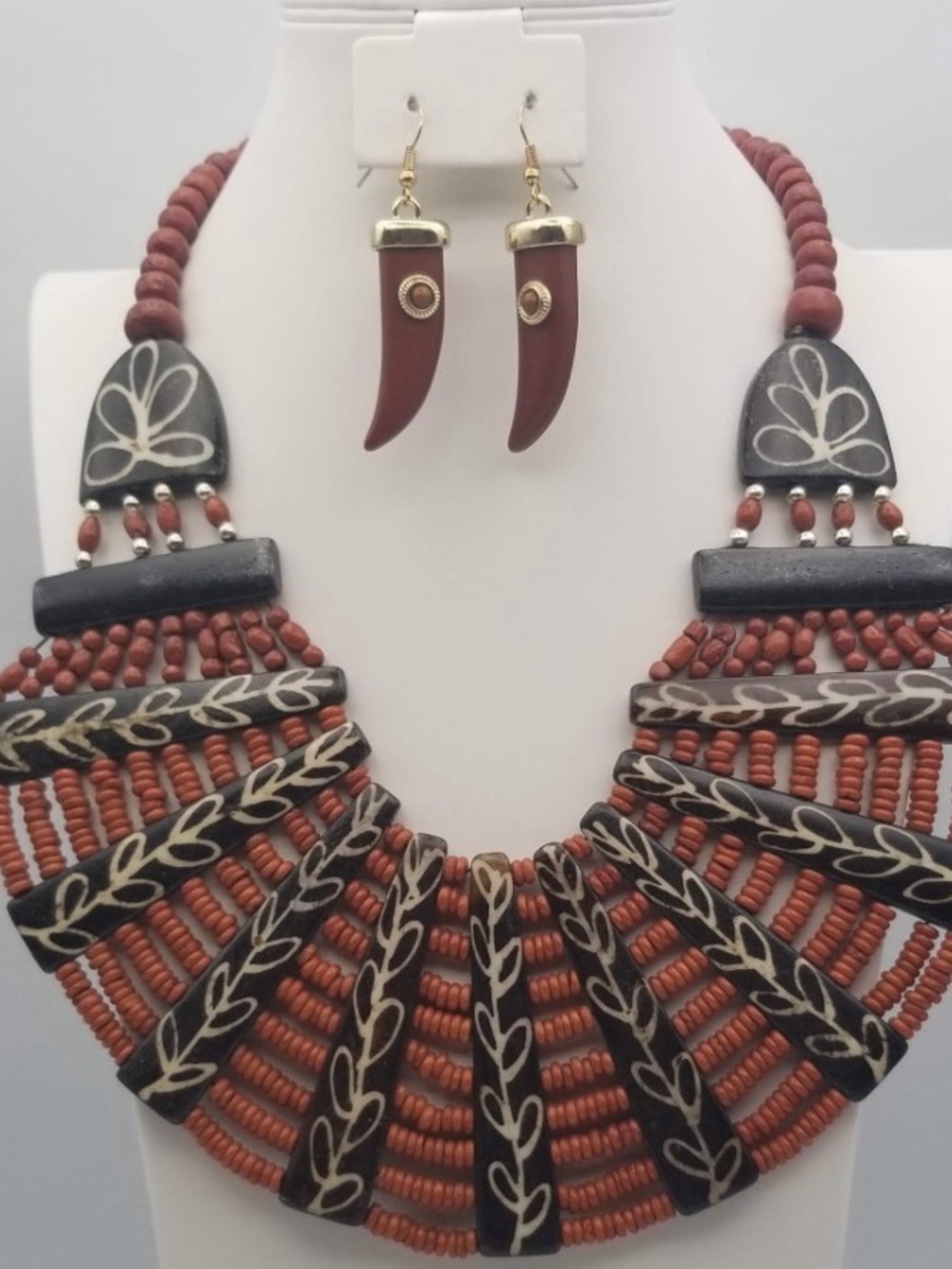 Vintage Bohemian Red Bead Statement Necklace and Earring Set